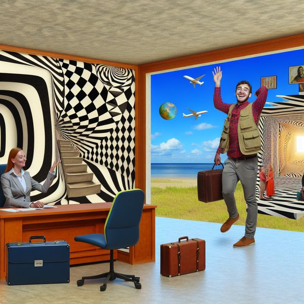 Surrealistisch kantoor met baas geeft toestemming voor vakantie Een surrealistisch tafereel van een baas in een geometrisch kantoor die een werknemer toestemming geeft om op vakantie te gaan.