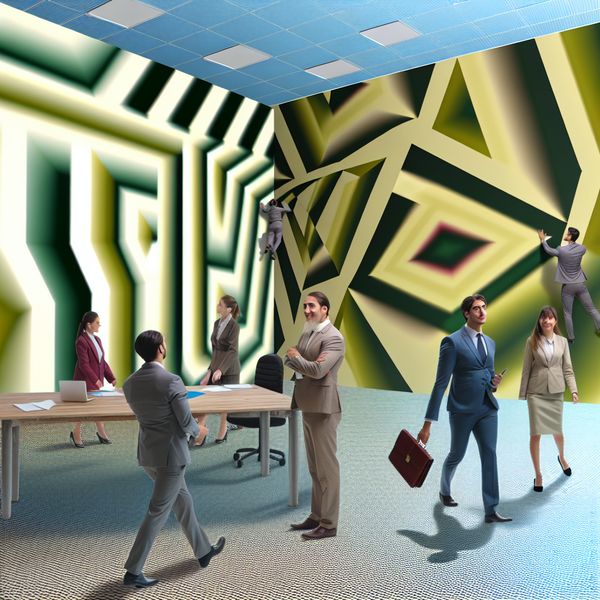 Surrealistisch Kantoor Contractondertekening in Escher-Stijl Een surrealistisch kantoor waar mensen een contract ondertekenen, met geometrische vormen en optische illusies.