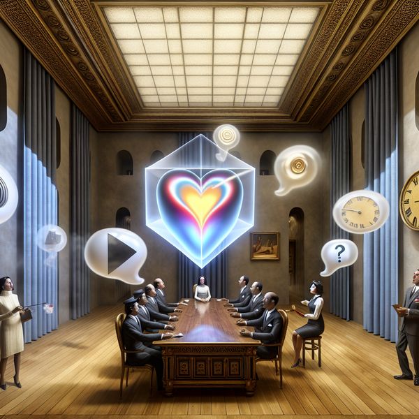 Surrealistische vergaderruimte met persoon die een transparante spraakballon vasthoudt met een gebroken hart, symboliserend onbedoelde pijn bij het uitleggen van intenties en doelen