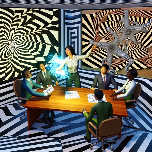 Surrealistisch kantoor met manager en diverse teamleden Surrealistisch kantoor waar een manager een belangrijke opdracht geeft aan een diverse groep werknemers aan een onmogelijke bureau.