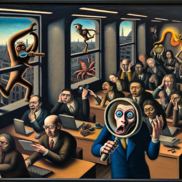 Surrealistisch kantoor met kritische klant en professionals Een frustrerende scène met diverse professionals in een chaotisch kantoor, een klant met een vergrootglas bekijkt kritiekvol een voltooide project