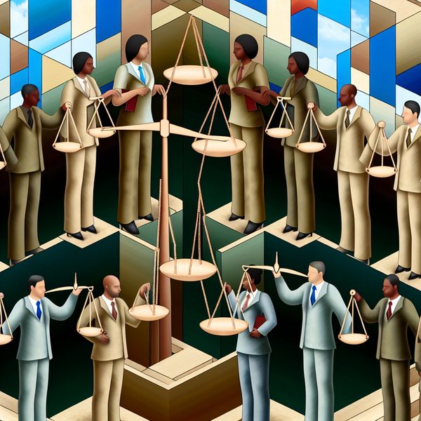 Surrealistische kantoorafbeelding van werknemers die rechtvaardigheid eisen Surrealistische afbeelding van werknemers in een kantoor, elk met enorme schalen die rechtvaardigheid symboliseren en een onmogelijk trap in de achtergrond.