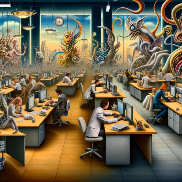 Surrealistisch Kantoorlandschap van Hieronymus Bosch Surrealistische kantoorafbeelding geïnspireerd op Hieronymus Bosch