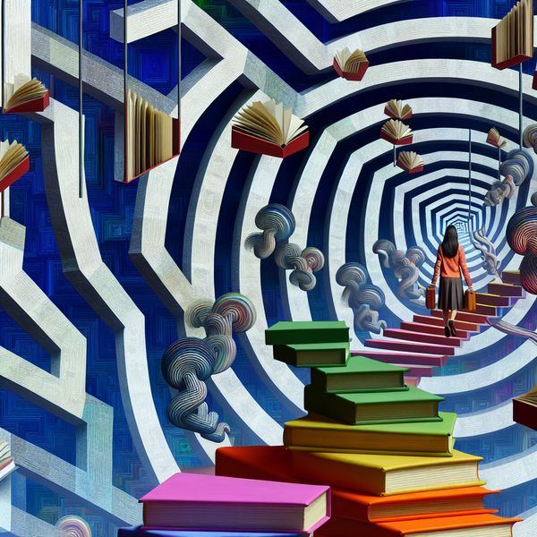 Een surrealistische en geometrisch precieze afbeelding van een persoon in een doolhof van trappen en boeken, wat het verwerven van kennis symboliseert.