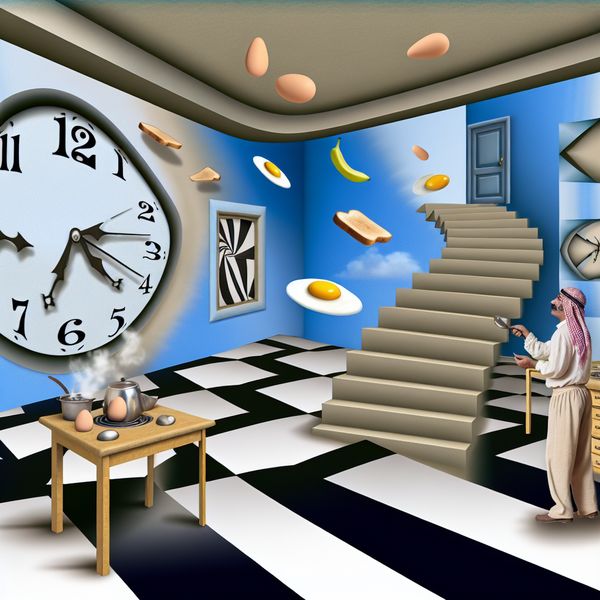 Surrealistisch keukenlandschap met tijdsweergave Een surrealistisch keukenlandschap met een klok en een figuur die naar ontbijtitems reikt, weergegeven in M.C. Escher-stijl.