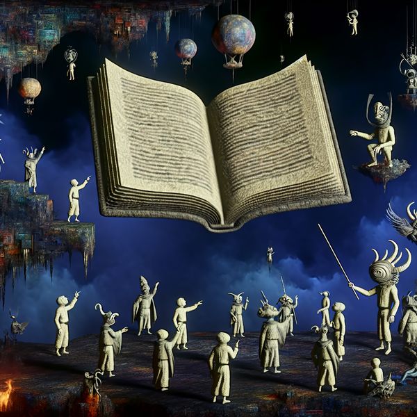 Een surrealistisch klaslokaal met bizarre wezens die de complexiteit van nieuwe onderwijsregels bespreken, terwijl een groot zwevend boek met draaiende pagina's op de achtergrond staat.