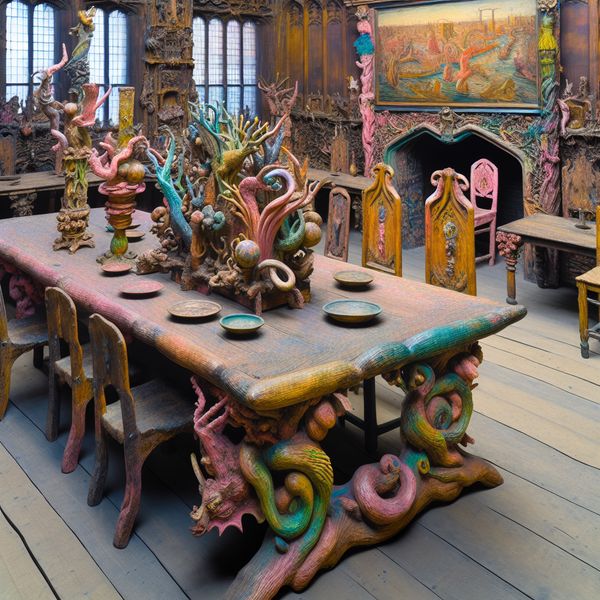 Surrealistisch Klaslokaal met Bosch-stijl Tafel Surrealistisch klaslokaal in Bosch-stijl met mythologische tafel