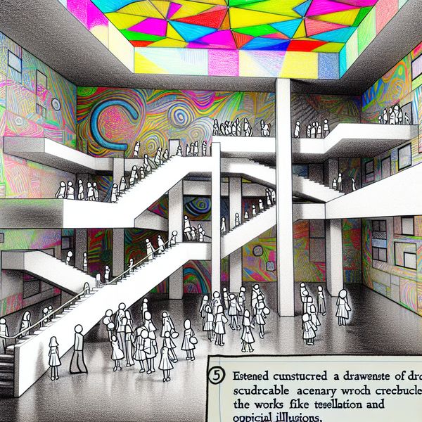 Surrealistisch klaslokaal met meerdere niveaus en optische illusies, waar leerlingen verschillende klasniveaus verkennen.