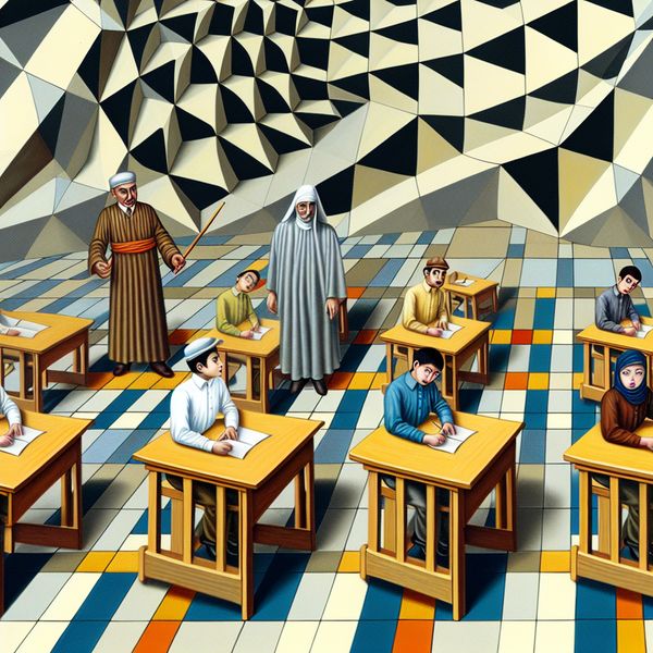 Surrealistische klaslokaalscène met een strenge leraar en uitdagende studenten in de stijl van M.C. Escher