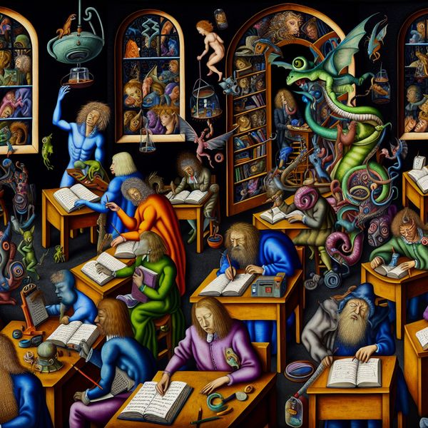 Surrealistische Klaslokaal met Fantastische Wezens Surrealistische klaslokaal scene met studenten die bizar werk maken, met een draak die boeken presenteert en een figuur die op het schoolbord schrijft.