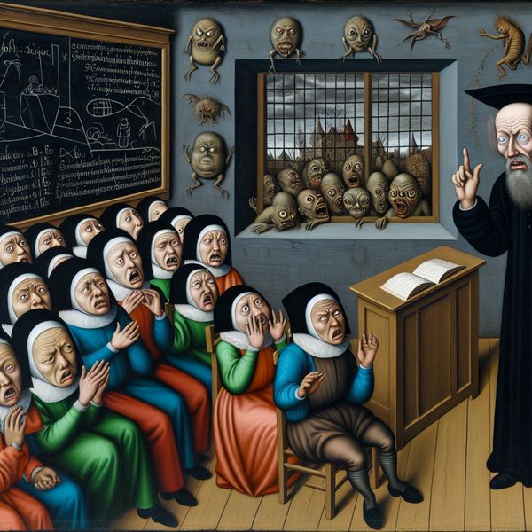 Chaotisch Klaslokaal met Strenge Leraar Surrealistische klaslokaal scène geïnspireerd door Hieronymus Bosch, met een strenge leraar die verwonderde leerlingen over een moeilijke toets informeert.