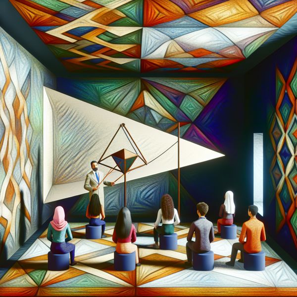 Surrealist schilderij van een leraar die lesgeeft in een geometrisch klaslokaal met studenten, omringd door optische illusies en creatieve presentaties.