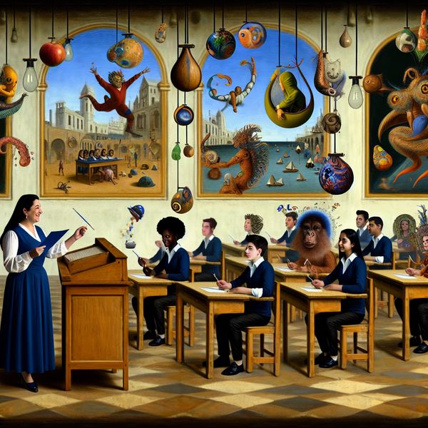 Surrealistisch Klaslokaal Met Onderwijs en Creatieve Proefnemingen Een surrealistische klaslokaal met een leraar die een test afneemt, omringd door bizarre wezens en drijvende objecten die hypotheses symboliseren.