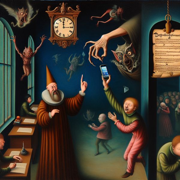 Surrealistisch klaslokaal in de stijl van Jheronimus Bosch waar een strenge leraar een leerling verbiedt zijn smartphone te gebruiken, met groteske handen en symbolische details
