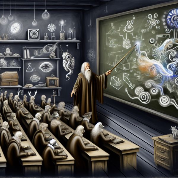Surrealistisch klaslokaal met technologische onderwijsmethoden Surrealistisch klaslokaal met een docent die aanwijzingen geeft aan een bord vol bizarre diagrammen, met vreemde wezens die notities maken.