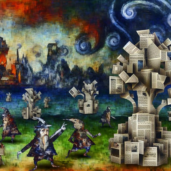 Surrealistisch tafereel geïnspireerd door Hieronymus Bosch met bizarre wezens van inkt en papier die praten over klimaatverandering voor een boom van krantenartikelen.