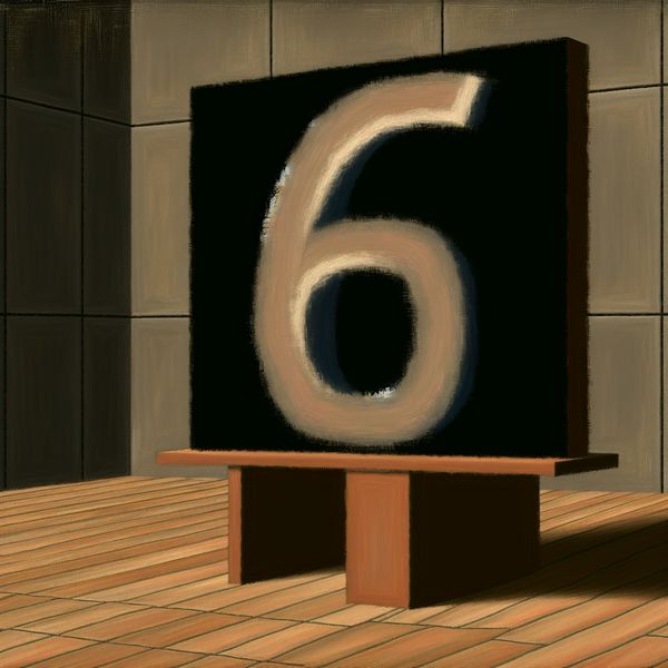 Hyperrealistisch surrealistisch zwart schoolbord met groot, licht hellend krijtcijfer 6, krijtstof aan de basis, in lege klas met dromerige sfeer