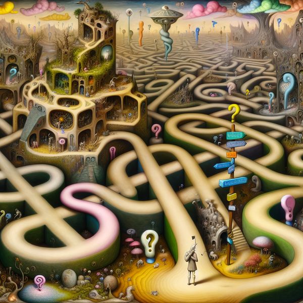 Surrealistisch kruispunt met kronkelende paden en een reiziger met een mysterieuze kaart vol vreemde symbolen, ter illustratie van het stellen van een vraag over bestemmingen