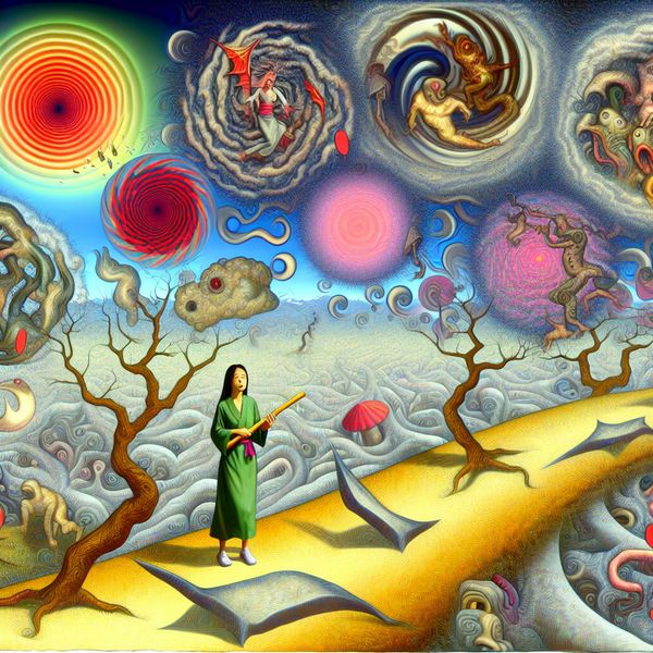 Surrealistisch Kruispunt: Uitdagingen en Obstakels Een persoon staat perplex op een kruispunt, omringd door bizarre wezens die verschillende uitdagingen en problemen vertegenwoordigen, met swirling storms en torenhoge obstakels.
