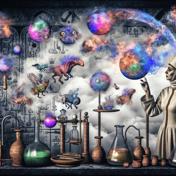 Surrealistisch laboratorium van een chemicus met fantasierijke gassen Chemicus in een surrealistisch laboratorium studeert gassen, omringd door bizarre wezens die verschillende gassen belichamen.