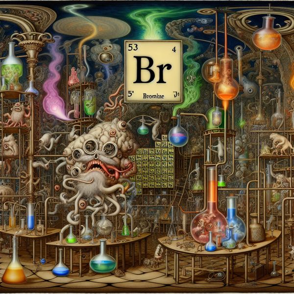 Surrealistisch laboratorium voor scheikunde met elementen en bizarre creaties Surrealistisch laboratorium met bizarre wezens en een grote periodieke tafel met 'Br' voor broom die oplicht.