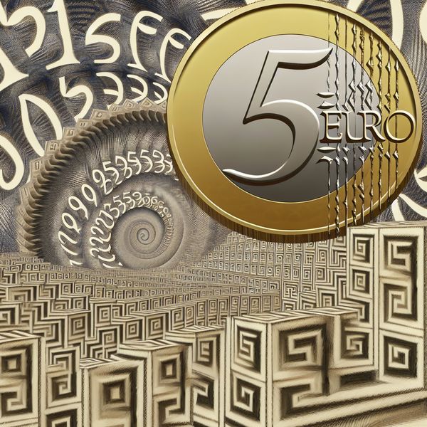 Surrealistisch landschap met een 5 Euro munt en getallenpatronen Surrealistisch landschap met een gigantische 5 Euro munt boven een geometrisch patroon van getallen, omringd door abstracte voorstelling van meer dan 40.