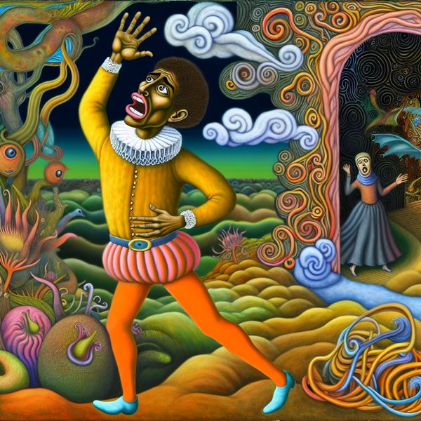 Een levendige figuur roept naar een vriend die door een portal wegloopt in een surrealistisch landschap vol bizarre wezens.