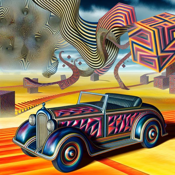 Surrealistisch landschap met auto als symbool van vrijheid Surrealistisch landschap met een kleurrijke weg en een gedetailleerde auto die vrijheid symboliseert