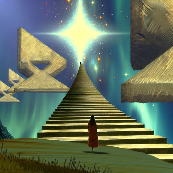 Surrealistisch landschap met betonnen trap en figuur Surrealistisch landschap met een betonnen trap die naar een etherische lucht leidt, met een eenzame figuur aan de basis die omhoog kijkt.