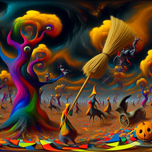 Surrealistisch landschap met bezem en kleurrijke wezens Een surrealistisch landschap met een kleurrijke bezem die rommel veegt, omringd door bizarre wezens en gedraaide bomen, geïnspireerd door de stijl van Hieronymus Bosch.