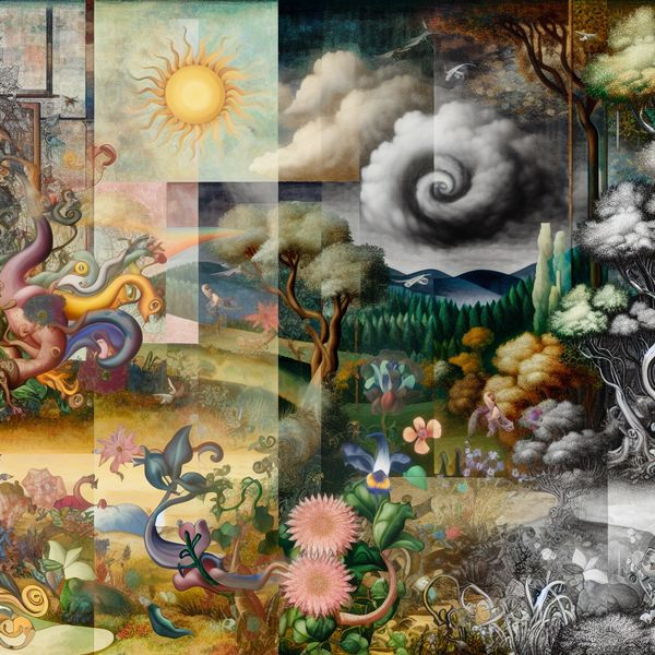 Een surrealistisch landschap met vreemde creaturen en bloeiende bloemen onder een stormachtige lucht. De omgeving straalt constante schoonheid uit.