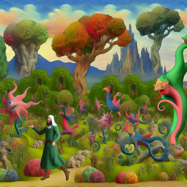 Surrealistisch Landschap met dansende creaturen en natuur Fantastisch landschap met surrealistische wezens en een dansende figuur, geïnspireerd door Hieronymus Bosch, die de schoonheid van de natuur viert.
