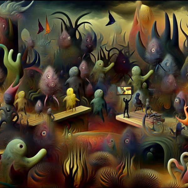 Een contemplatieve figuur in een surrealistisch landschap omringd door bizarre wezens en etherische figuren die emoties vertegenwoordigen.