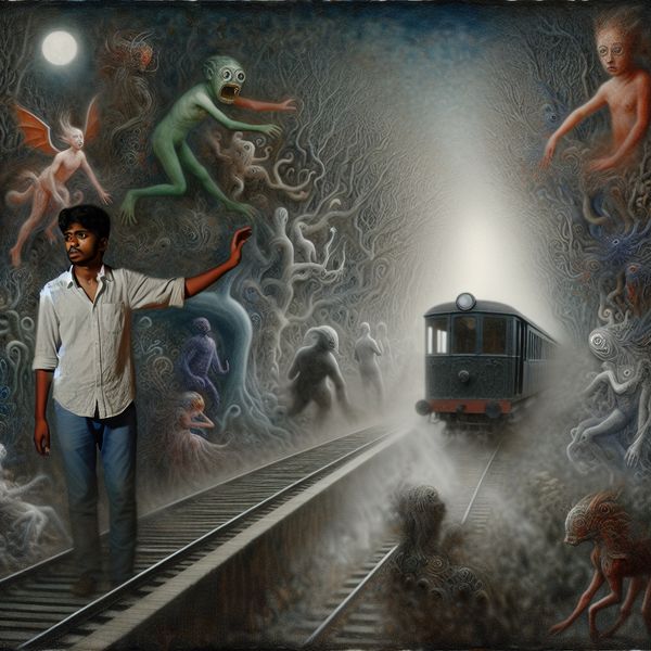 Een jonge man op een treinplatform met een spookachtige trein in de mist op de achtergrond, omringd door bizarre wezens die verloren dromen vertegenwoordigen.