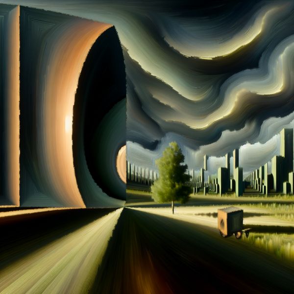 Surrealistisch Landschap met Gravitationele Kracht en Wetenschappelijke Structuren Hyperrealistisch surrealistisch landschap met abstracte gravitationele kracht en geometrische structuren, geïnspireerd door Carel Willink.