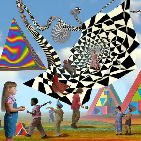 Surrealistisch landschap met spelende kinderen Een kind speelt buiten in een surrealistisch landschap met geometrische vervormingen, vol onmogelijke structuren en speelse patronen.