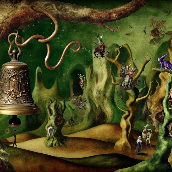 Surrealistisch landschap met muzikaal klingende bel Een surrealistisch landschap met een oude, versierde bel die hangt aan een verwrongen boomtak, met kleurrijke, fantastische wezens die dansen in de lucht als noten in een muziekschrift.