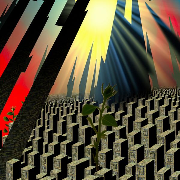 Surrealistisch landschap met belemmerde plantengroei Een surrealistisch en geometrisch landschap met een verwelkte plant die moeite heeft om te groeien, omgeven door hoge, schaduwrijke structuren.