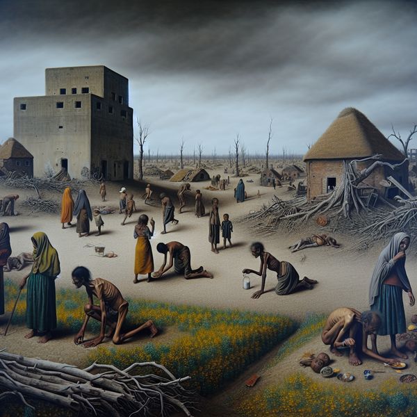 Surrealistisch landschap van voedseltekort en overleven in oorlog Hyper-realistisch, surrealistisch landschap van een war-torn dorp met uitgeputte mensen die naar voedsel zoeken tussen de ruïnes.