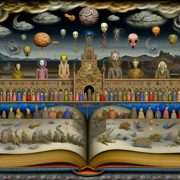 Surrealistisch landschap met open boek en bizarre wezens Een open, groot en kunstzinnig boek met bizarre wezens die eruit tevoorschijn komen, in een surrealistisch landschap.