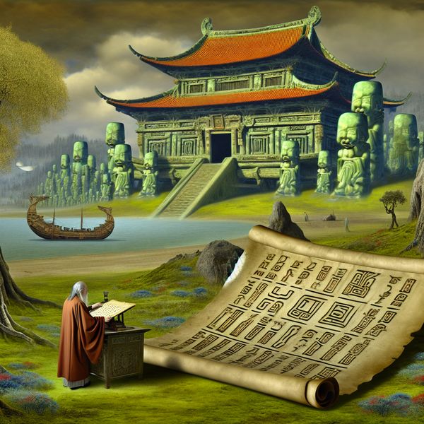 Surrealistisch Landschap met Oude Tempel en Wijze Figuur Een surrealistisch landschap met een monumentale oude tempel omringd door weelderige groen. Een wijze figuur in oude kleding onderzoekt een grote, oude rol met mystieke symbolen.