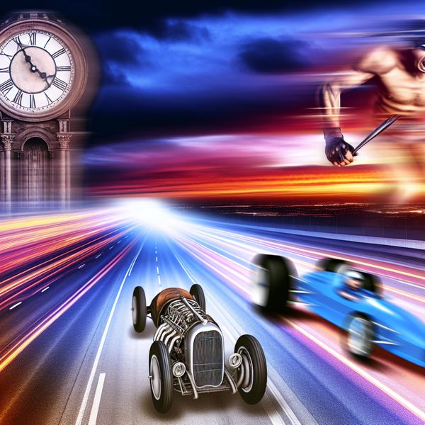 Surrealistisch landschap met raceauto en hardlopers Een hyperrealistisch landschap met een raceauto die over een verlaten snelweg rijdt, een klokkentoren op de achtergrond en een competitie van hardlopers.