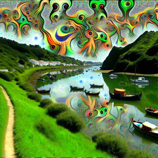 Surrealistisch landschap van een ria met vreemde wezens Surrealistisch landschap van een ria met groene heuvels, weerspiegeld in glinsterend water, onder kleurrijke lucht en bizarre wezens