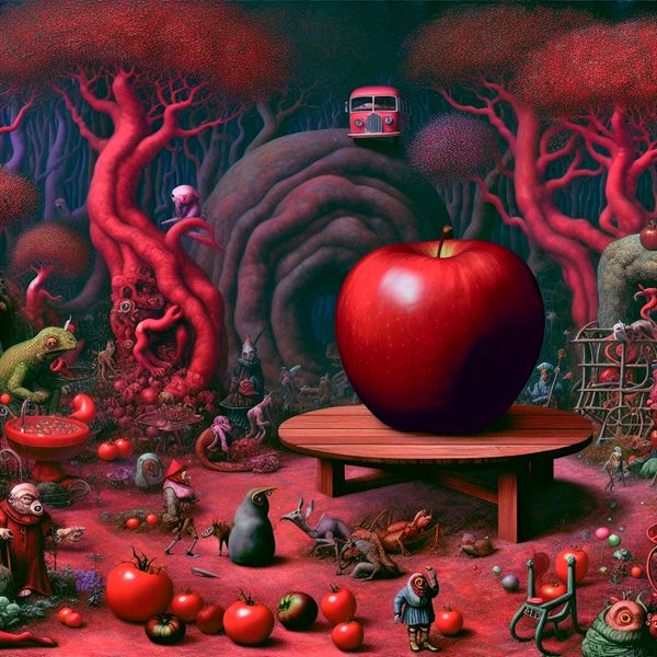 Surrealistisch landschap met bizarre wezens en een glanzende rode appel Surrealistisch landschap met bizarre wezens en een grote glanzende rode appel op een houten tafel