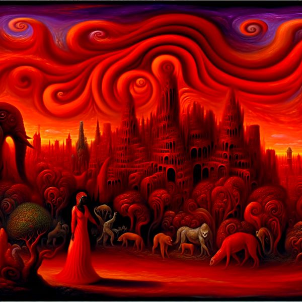 Surrealistisch landschap met een rode zonsondergang en een vrouw in een rode jurk Vrouw in een rode jurk voor een surrealistisch landschap met een levendige rode zonsondergang en bizarre wezens.