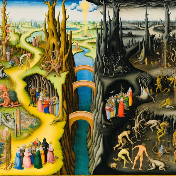 Surrealistisch landschap van segregatie en apartheid Surrealistisch landschap met een levendige en een duistere zijde, symboliserend segregatie, met mensen van verschillende etniciteiten en fantastische elementen.