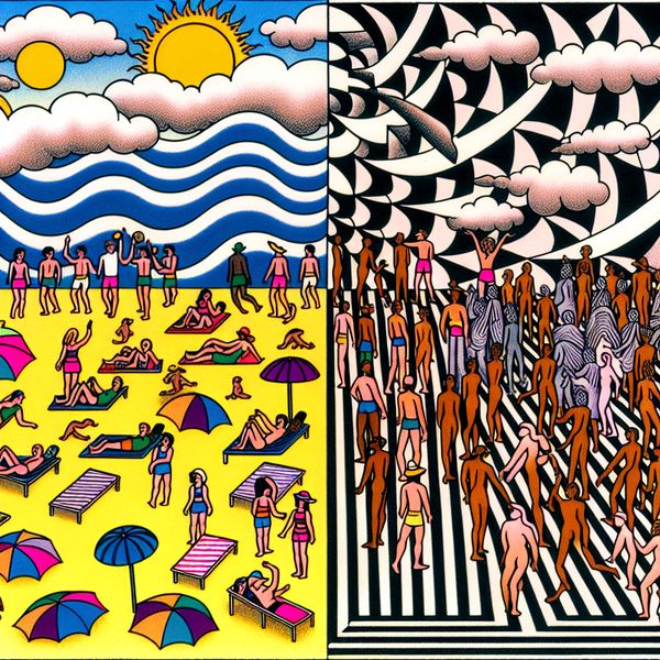 Zomerse Strand en Retro Concert Landschap Surrealistisch landschap verdeeld in twee helften: een zonnig strand met mensen en een retro concert uit de jaren '80.