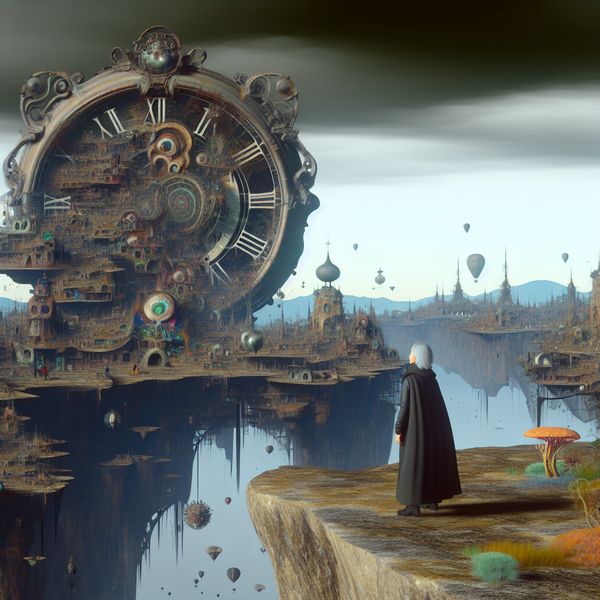 Een reiziger staat op de rand van een klif en kijkt naar een surrealistische stad onder een andere wereldse lucht.