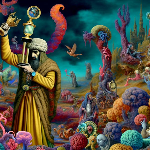 Surrealistische afbeelding van een figuur met een trofee in een fantastisch landschap Surreal landschap met een figuur die een symbolische trofee vasthoudt, omringd door bizarre wezens die verdriet uitdrukken.