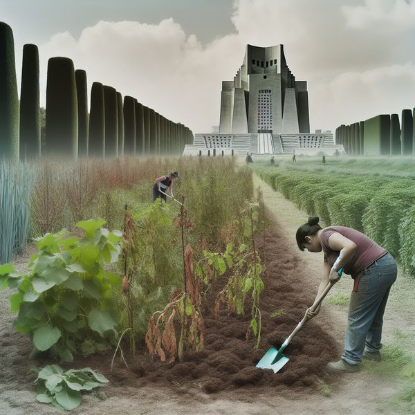 Surrealistisch landschap met tuin en architectuur Een arbeider verwijdert overgroei met een schep uit een zorgvuldig onderhouden tuin, met monumentale architectuur op de achtergrond.
